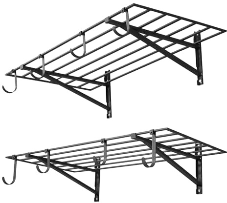 VEVOR 2-Tier Heavy Duty Wall Garage Shelving, 2 x 4 ft Steel Wall Mounted Shelving Unit with Hooks, 24 x 48 Inch Per Shelf Floating Storage Metal Rack for Garage, 520 lbs Total Weight Capacity, Black