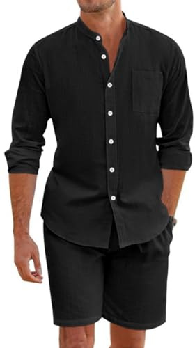 OLIPHEE Completi Lino Uomo Estivi Leggeri Set Tuta Due Pezzi Uomo Comodo con Camicia e Pantaloncini Spiaggia Primavera Completo da Ginnastica Jogging Casa Outdoor Yoga Anero S