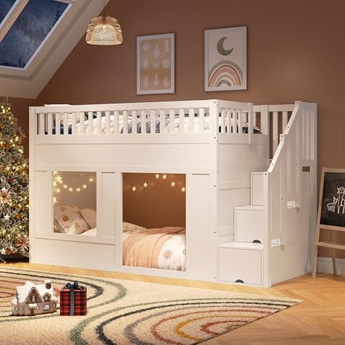 ModernLuxe 3FT Single Loft Bed with Storage Stairs 90x190cm, Children’s High Sleeper Wooden House Bed Frame with Convertible Play Area, Storage Staircase, Safety Guardrails, Solid Pine Wood, White