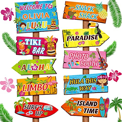 20 Señales de Bienvenida de Fiesta de Luau, Decoraciones de Fiesta Temática de Verano Tropical Hawaiano Cartel Bienvenida de Fiesta Hawaiana de Puerta Principal con 4 Hojas Pegatinas