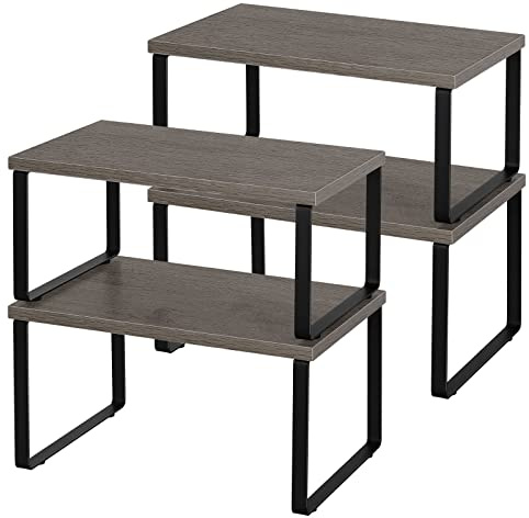 Set di 4 Ripiani in Legno e Metallo, Scaffale Portaoggetti da Cucina, Impilabile ed Espandibile, Portaspezie, Ripiani da Bancone, Per Tavolo da Cucina, Armadio e Dispensa, Moderno, Nero e Grigio