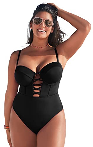 Swimsuits For All Women's Underwire Lace Up One Piece Swimsuit - 16, Black (Plus