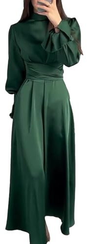 xxxiticat Women's Green Satin Dress Long Lantern Sleeve Mock Neck Puff Shoulder Tie Waist Pleated Cocktail Maxi Slip Dresses(GR,M)