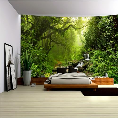 Arsey Tapiz de pared de bosque con árbol, alfombra de pared, cascada, niebla, para colgar en la pared, césped, naturaleza, paisaje, tapiz, tapiz bohemio, decoración para dormitorio, verde, grande, 230