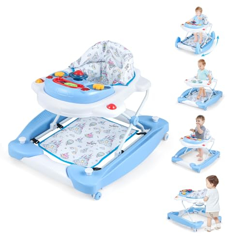 COSTWAY 6 in 1 Lauflernhilfe, Lauflernwagen mit abnehmbarem Spielboard & Fußpolster, Baby Walker höhenverstellbar & klappbar, Laufwagen mit Musik & Licht, Gehfrei baby ab 6 Monaten (Blau)