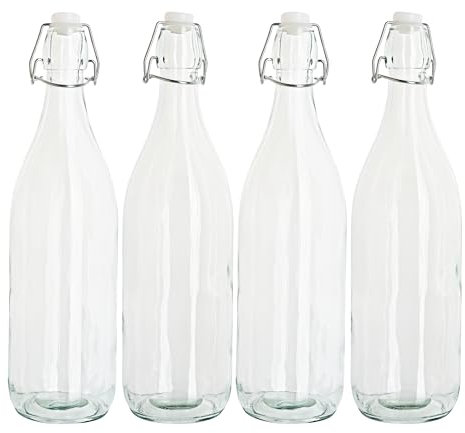 VBS Bouteille en verre avec fermeture à étrier ronde, 1 litre, 4 pièces, conservation idéale, étanche à l'air, réutilisable, écologique, bouteilles en verre pratiques