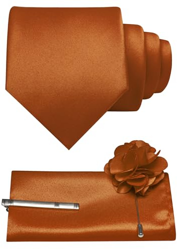 JEMYGINS Cravate formelle de couleur unie et carré de poche avec pince à cravate pour homme pour affaires et mariage 4 pièces, rouille, taille unique