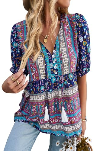 CNTSFS Chemisier élégant et décontracté pour femme, style bohème, col en V, motif floral, tunique ample, manches longues, pour l’été, Bleu marine, XXL