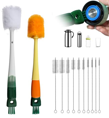 KATIMI 2PCS 3-in-1 Multifunctional Water Bottle Brush Cleaner, Cup Lid Crevice Cleaning Brush, Bottle Cleaner with 10 Straw Cleaner, Bottle Cup Lid Detail Brush for Water Bottles and Cups