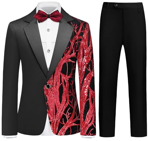 Lamgool Tuxedo Suits for Boys Kids Formal Outfit 4-Piece Set Teen Size 16 Red Sequin Blazer Dress Shirt Black Pants Bow tie Prom