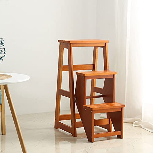 Foldable 3 Step Wooden Ladder Stool Portable Step Stool Chair for Home Library Shoe Bench & Flower Rack Lightweight Brown Climbing Stepladder