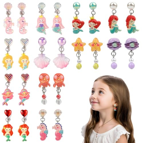 ZILZUFA 12 Paires Boucles d'oreilles Clip Fille Enfants, Sirène Coquille Non Piercing Boucles d'oreilles Princesse Bijoux Accessoires Fête Anniversaire Cadeau