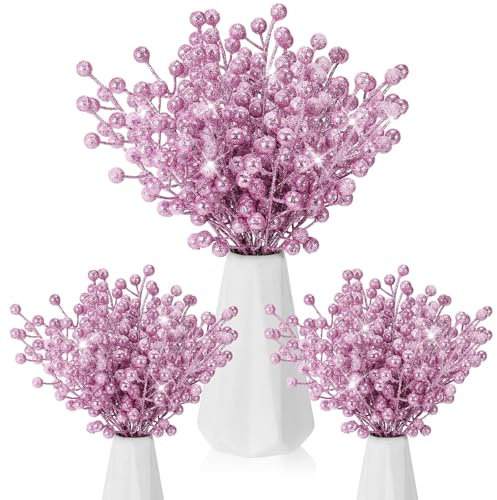 Geosar 30 Pieces Artificial Christmas Berry Picks with Snowflake Glitter Holly Berry Stems for Christmas Tree Ornaments Vases DIY Crafts Wedding Party Holiday Decor(Glitter Pink)