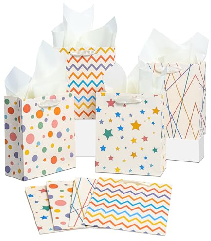 Partytüten mit Henkeln in Regenbogen-Farben (8er Set) - Bunte Geschenkbeutel 23x18x10 cm für Kinder, Geburtstag, Weihnachten, Baby-Shower & Hochzeit