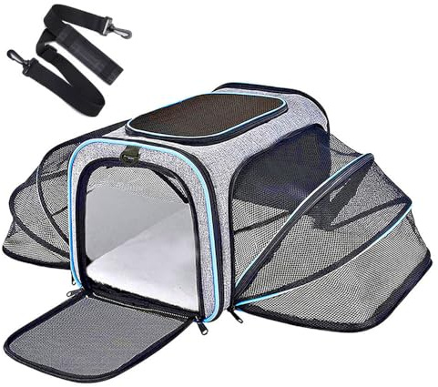 Transportbur för katter, stora katter, transportväska, utbyggbar kattkorg, transport för 2 katter, hundar, valpar, flygplan, vikbar hundtransportlåda (blå, (L) 46 cm x 30 cm x 30 cm)