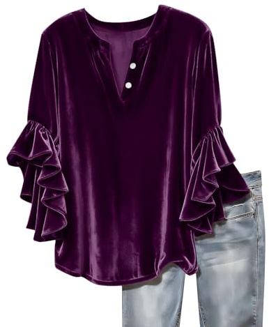 Tee Shirt Femme Haut Velours Manches à Volants T Shirt Chic et Elegant Tshirt Décontractée Tee Top Lâche Casual Tunique Blouse Couleur Unie Vêtements Doux Chemise Confortable Vetement Violet XL