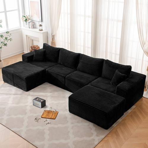 136 U Shaped Cloud Couch Modular Sectional Sofa with Deep Seat, 6 Seater Corduroy Couches, Boneless Couch with 2 Removable Ottomans, Sectional Couches for Living Room, No Assembly Required, Black