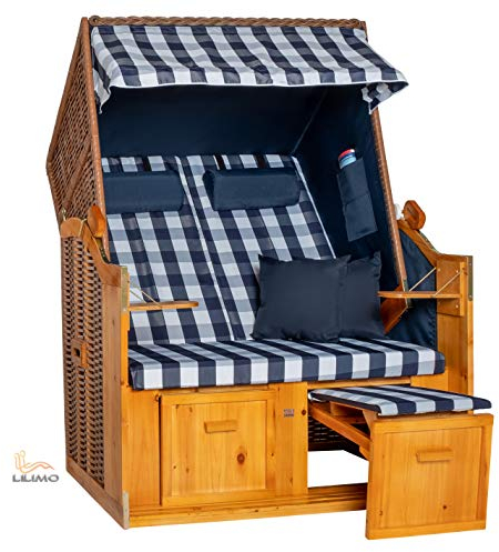 LILIMO Strandkorb Ostsee | Variante B in Blau kariert | Geflecht Natur | Inkl. Schutzhülle | 2-Sitzer Ideal für Garten Terrasse und Balkon
