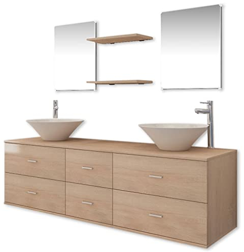 vidaXL Neuf pcs mobilier Meuble pour Salle de Bains avec lavabo et Robinet Beige