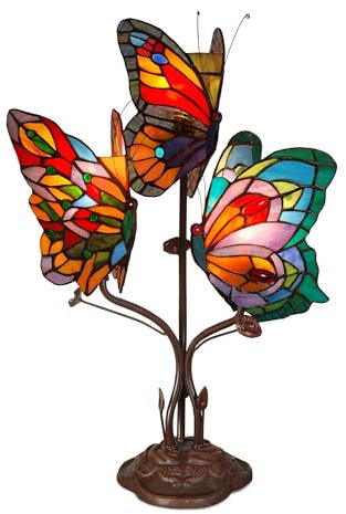 ADM - 'Schmetterlinge' - Nachttischlampe mit geschweißtem Glasschirm, Tiffany-Verarbeitung und mit bronziertem Metallfuß - Mehrfarbig - H53 cm