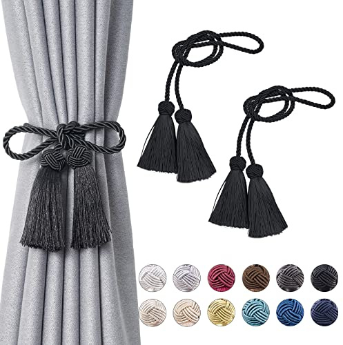 Pretty Jolly Paquete de 2 alzapaños de cortina con borlas de doble extremo, hechos a mano, trenzados, con nudo de cuerda, estilo europeo, alzapaños decorativos para cortinas de ventana del hogar y la