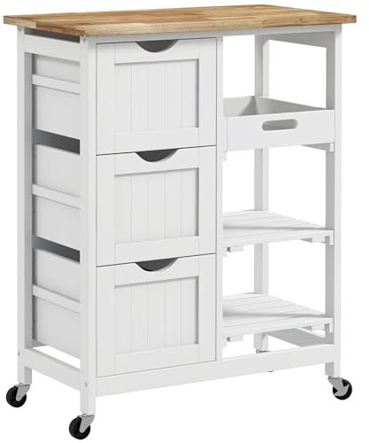 HOMCOM Carro de Cocina Carrito Auxiliar con Ruedas Tablero de Madera 3 Cajones 2 Estantes Abiertos y Bandeja Extraíble para Comedor Salón 67x37x85,5 cm Blanco