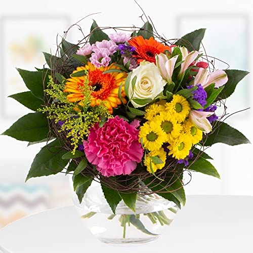 Blumenstrauß Farbenfroh, Bunte Blumen versenden, handgebunden mit 7-Tage-Frische-Garantie, Gerbera, Rosen, Nelken, Chrysanthemen und Inkalilien, Blumenversand