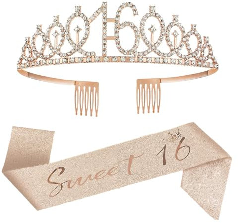 Sweet 16 Ensemble écharpe et diadème en strass pour filles, couronne rose en strass 16 et écharpe décorative en satin, cadeau de 16e anniversaire pour filles