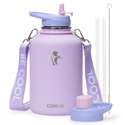 Coolflask 1.9 L Insulated Water Bottle with Strap, Stainless Steel Vacuum Flask with Straw & Spout Lids Leakproof for Sports, Travel, Gym, 48H Cold & 24H Hot, BPA Free, Lavender