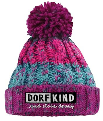 tshirtladen Dorfkind Kindermütze mit Bommel in Winter Berries - Zopfmuster Beanie für Kinder mit Spruch Stickerei, warm gefüttert für Alltag, Schulweg, Spielplatz, Freizeit und kalte Tage