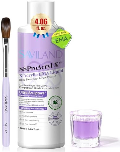 Saviland Monomer For Acrylic Nails: 120ml Pure EMA Acrylic Liquid Castor Oil Vitamin E Acrylics Monomer Liquid with 12# Nail Brush Dappen Dish for Professional Extension DIY