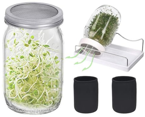 Tarro de germinación, 2 tarros de boca ancha, kit de tarros de germinación de semillas, tapas de germinación de acero inoxidable para tarros Mason de boca regular y ancha, tarros de boca ancha, juego