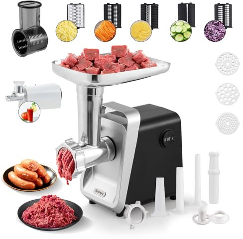 Huanyu Elektrischer Fleischwolf und Wurstfüller - Multifunktionale Käsereibe, Gemüseschneider und Tomatenpüree-Maschine (Schwarz)