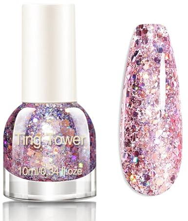 Glitter Nail Varnish Quick Dry - Light Pink Shimmer Nail Polish - 10ml Sparkly Clear Holographic Gel Polish - Iridescent Chunky Glitter Nail Polish, No Need Baking