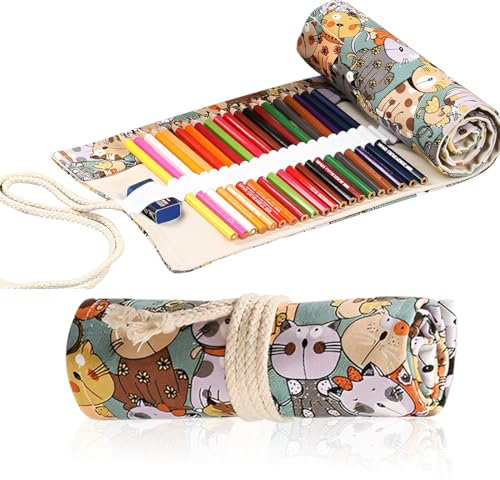 GXGM 48 Löcher Leinwand Stifterolle Roll, Rollmäppchen Leinwand Bleistift Wrap,Stifterolle Rollmäppchen,Stifte Mäppchen Rolle,Katze Cartoon Muster, für Aquarellstifte Bleistifte Buntstifte, 1 Stück