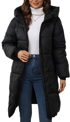 Maeau - Manteau en Duvet Longue à Capuche Femmes Hiver Fermeture Éclair Doudoune Matelassé Veste Parka Long Épais Chaud Coupe-vent - Noir - S