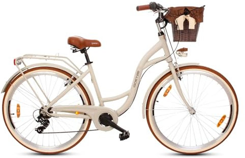 Goetze Mood 28 Zoll Damen Citybike, 18 Zoll Tiefeinsteiger Aluminiumrahmen, 7-Gang Kettenschaltung, doppelte V-Bremsen, LED-Beleuchtung, Rattankorb, Komfortsattel, mit Seitenständer & Klingel