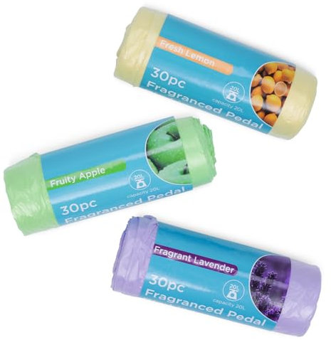 Sacchetti per la spazzatura da 20 l con manico per legare, 90 sacchetti profumati (30 mela fruttata, 30 limone fruttato e 30 lavanda), sacchetti per la spazzatura da cucina e bagno, sacchetti per la