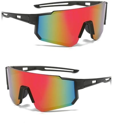 KOMUNJ 2 Stück Sport Sonnenbrille Herren Damen, Sport Sonnenbrille UV400-Schutz Fahrradbrille Laufbrille für MTB Rennrad Fahrrad Ski Rave (Rot)