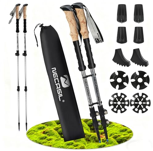 SWOURT Bastones de marcha nórdica telescópicos de aluminio ajustables y plegables, ultraligeros, para hombre y mujer, con mango de corcho y muchos accesorios, longitud 62 – 135 cm (actualización de