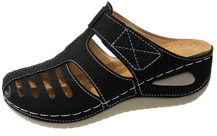 Dam sandaler med kilklack med stängd tå, ortopediska skor med fotvalvstöd, sommar plattformstoffel klacklösa sandaler, dam sandaler med utskärningar, breda gångslides, bekväma slip-on-sandler, Svart1