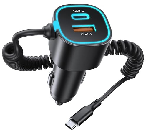 GuMosh 65W Cargador de Coche USB C Carga Rapida, 3 Puertos Mechero Coche con 1,5M Cable en Espiral Tipo C, PD QC PPS Car Charger Compatible con iPhone 17/16/15/14/13,Galaxy Phone,Android