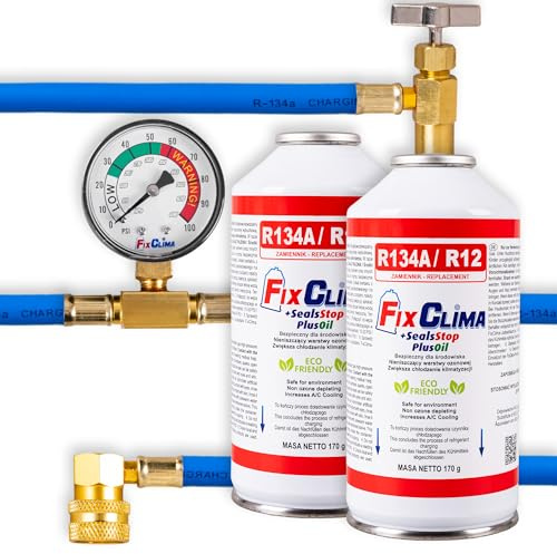 FixClima Kit Climatisation R134A pour Systèmes de Climatisation Automobiles 1994-2016 - Double Gaz avec Manomètre et Lubrifiant Synthétique