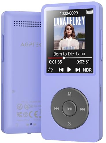 AGPTEK Lettore MP3 32 GB Bluetooth 5.3, 1,8 pollici, 40 ore, lettore digitale per bambini, lettore MP3 con radio FM, fino a 128 G, (senza cuffie), viola