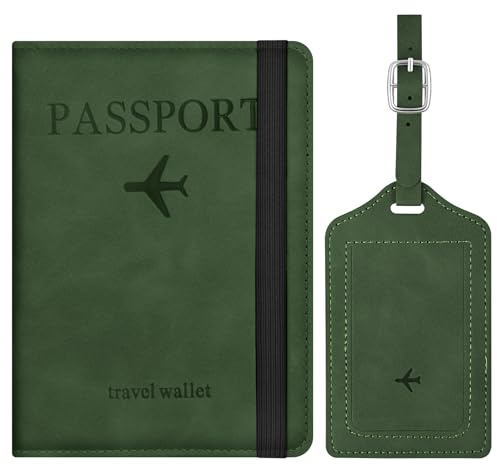 APXEL Protege Passeport en Cuir PU, 2 Pcs Étui Passeport avec Etiquette Valise, Porte-Passeport Housse avec Blindage RFID, Hommes et Femmes pour Carte de Crédit et Carte D'identité, Vert