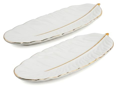Daelesr 2 Pcs Vaciabolsillos Recibidor, Forma de Pluma, Cerámica, Bandeja Decorativo para Llaves, Anillos y Collares, Decoración Hogar Moderna, Plato Joyas para Dormitorio y Mesa de Entrada