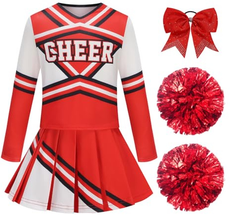 RRCBMD Girl Kid Cheerleader Uniform 4PCS Cheer Outfit Long Sleeves Halloween Cosplay