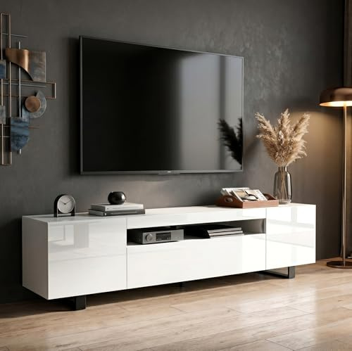 Blisswood High Gloss 180cm Large TV Stand Cabinet for 55–85 Inch TVs, Wooden TV Unit with 3 Door Storage Cabinets & Open Shelf, Media Console Entertainment Centre Table for Living Room, White