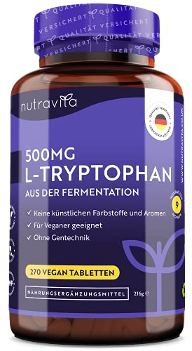 L-Tryptophan 500mg Hochdosiert - 270 Vegane Tabletten - Aus Pflanzlicher Fermentation - Premium Qualität L Tryptophan - Ohne Synthetische Bindemittel und Füllstoffe - Hergestellt von Nutravita