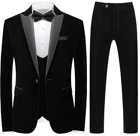 Mens Velvet 3 Piece Suits Slim Fit Peaked Lapel One Button Tuxedo Dinner Jacket Vest Pants Suit Set Black